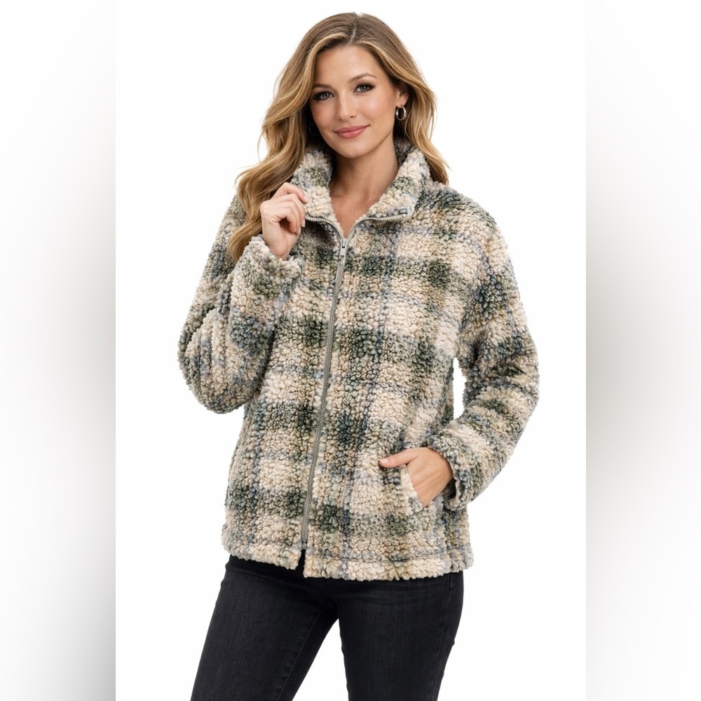 Thread & Supply Checkered Teddy Jacket in Cream and Green